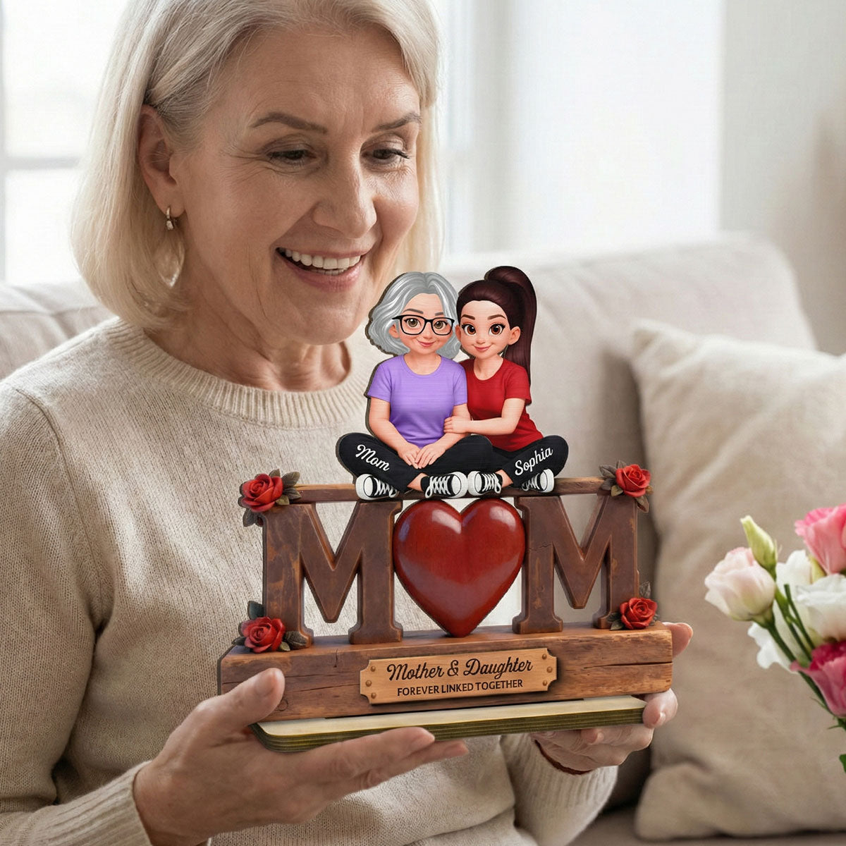 Rose MOM And Daughter Forever Linked Together - Personalized 2-Layered Wooden Plaque - Gift For Mom