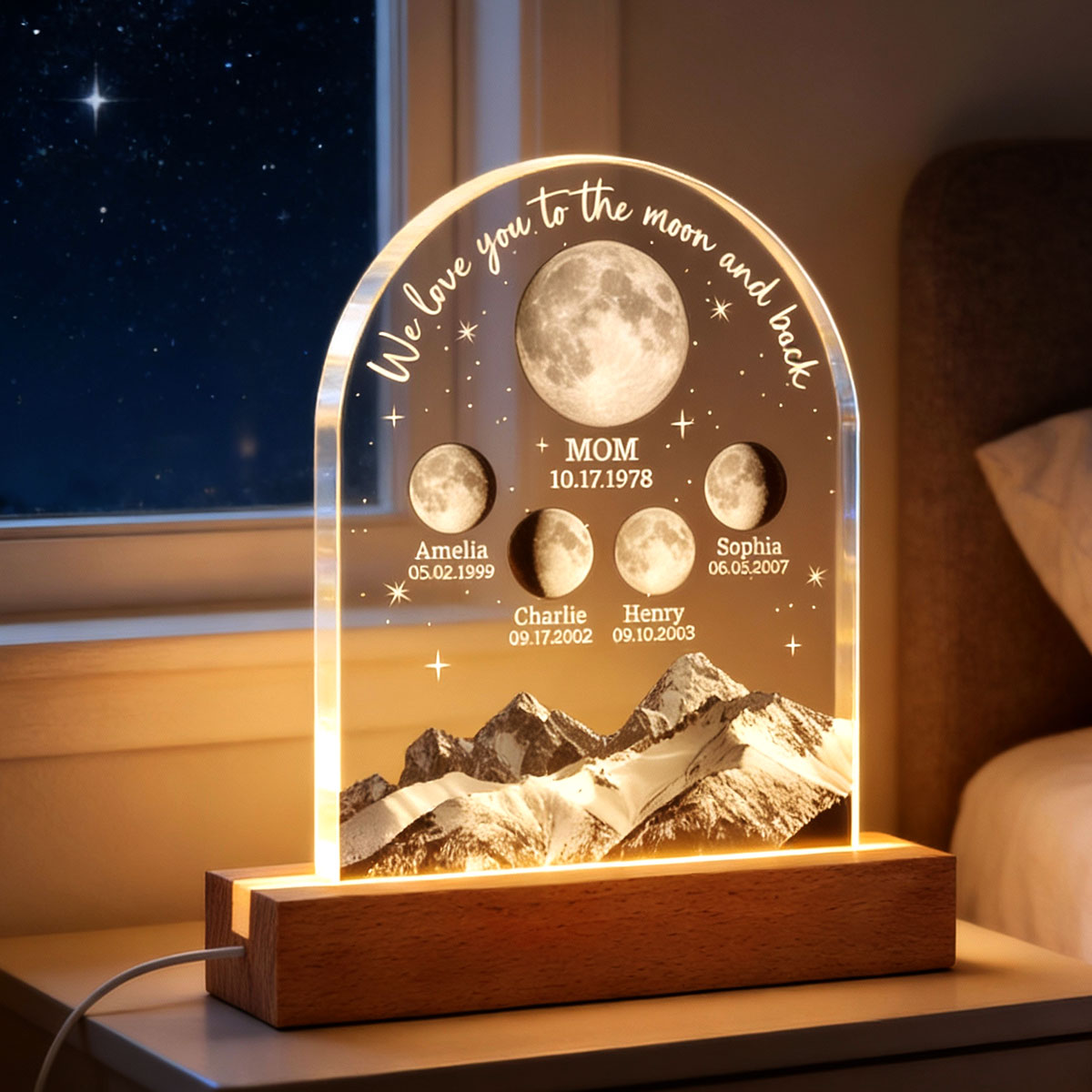 We Love You to the Moon and Back Custom Moon Phase by Date - Personalized Acrylic Block LED Night Light - Gift for Dad, Mom