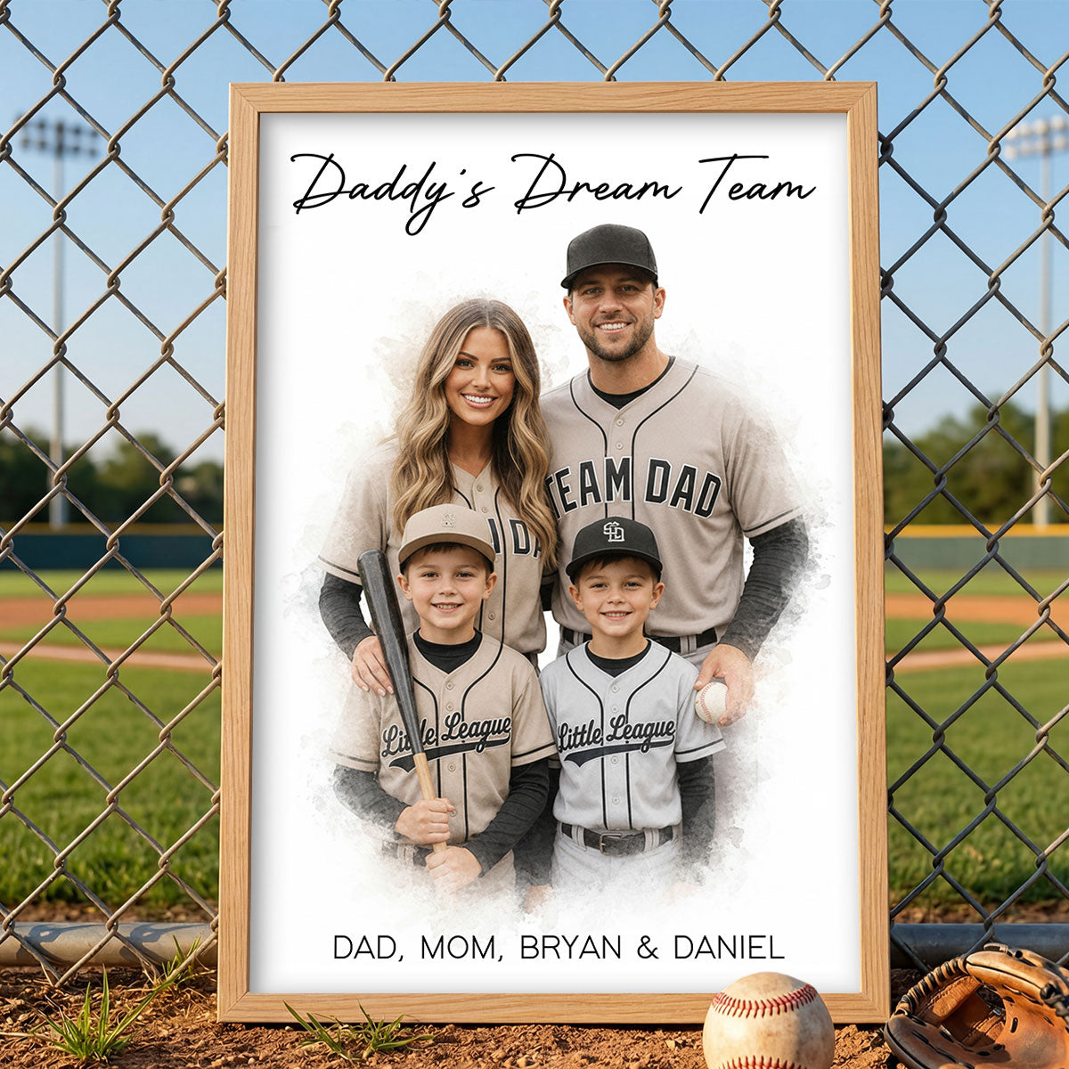 Watercolor Style Baseball Basketball Football Daddy's Dream Team - Personalized Poster - Father's Day Gift For Husband, Dad, Sport Dad