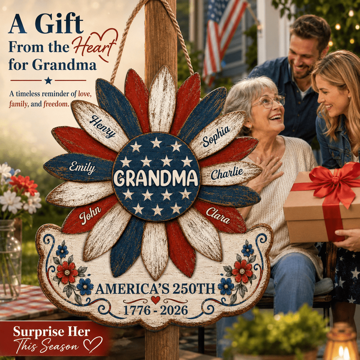 Grandma Nation Flag Sunflower America 250th Anniversary - Personalized Wood Sign - 250 Years Of Freedom, Patriotic Decoration