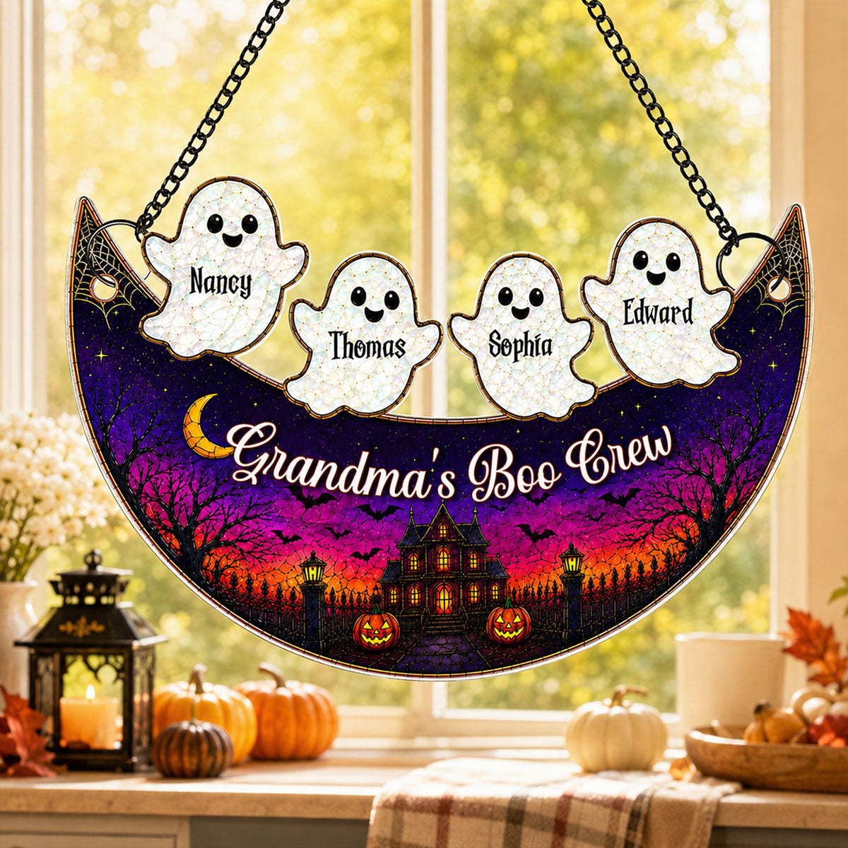 Grandma Boo Crew On Moon - Personalized Acrylic Window Hanging Decor - Halloween Decoration