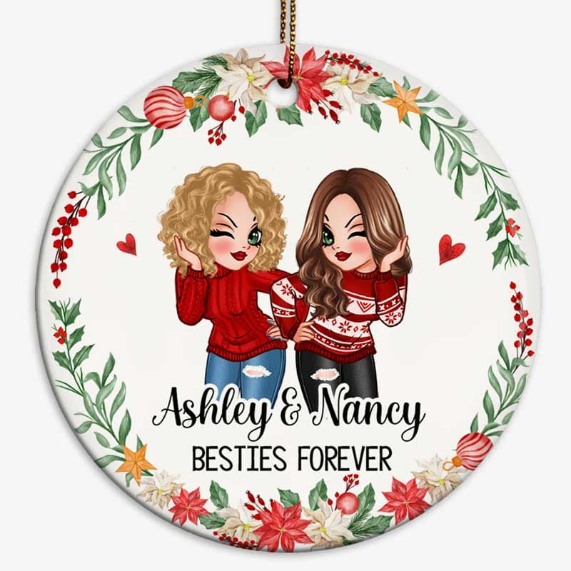 Christmas Wreath Besties Forever Best Friends Pretty Women Personalized Circle Ornament