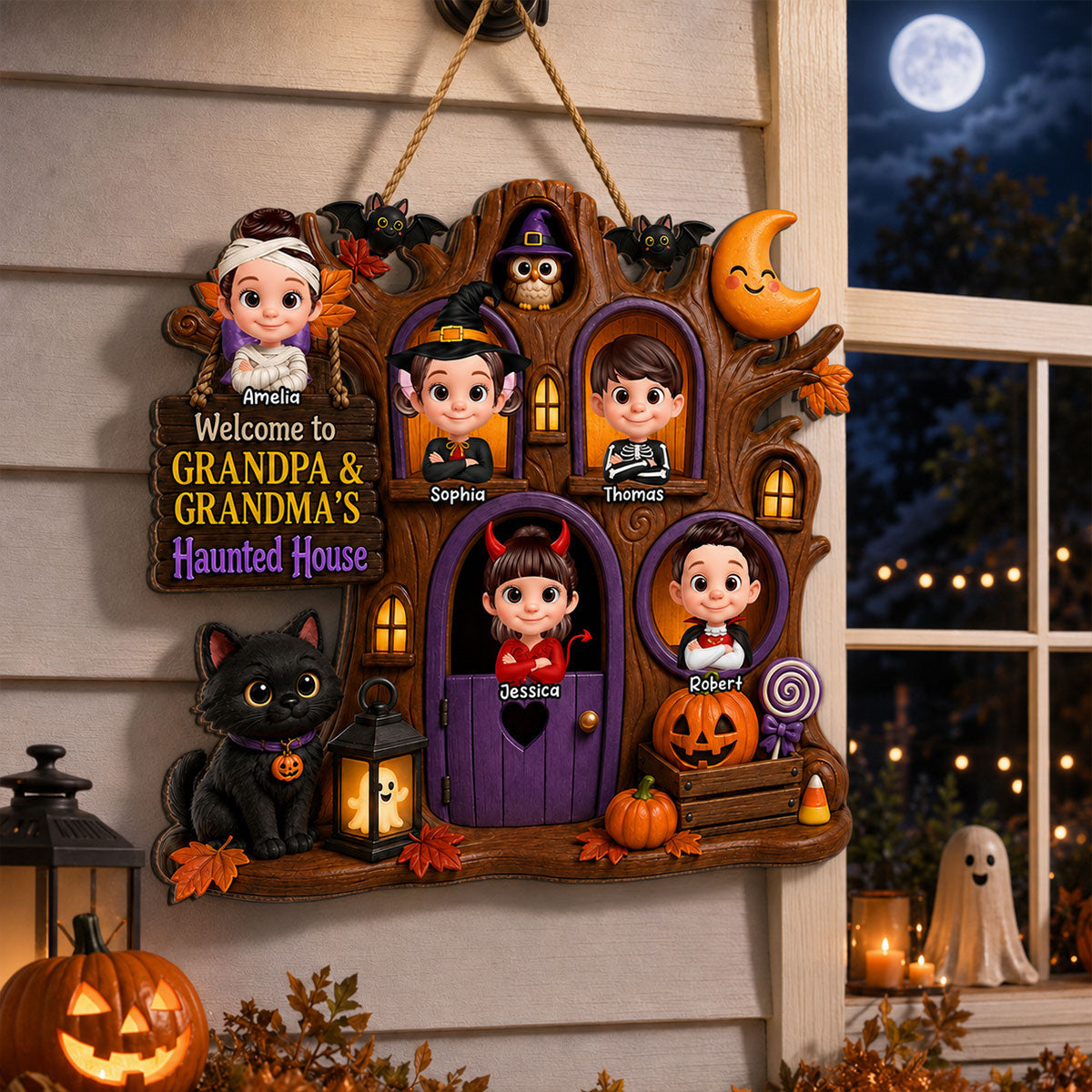 Cute Kids Welcome To Grandma Grandpa Haunted House - Personalized Wood Sign - Halloween Decoration For Grandparents