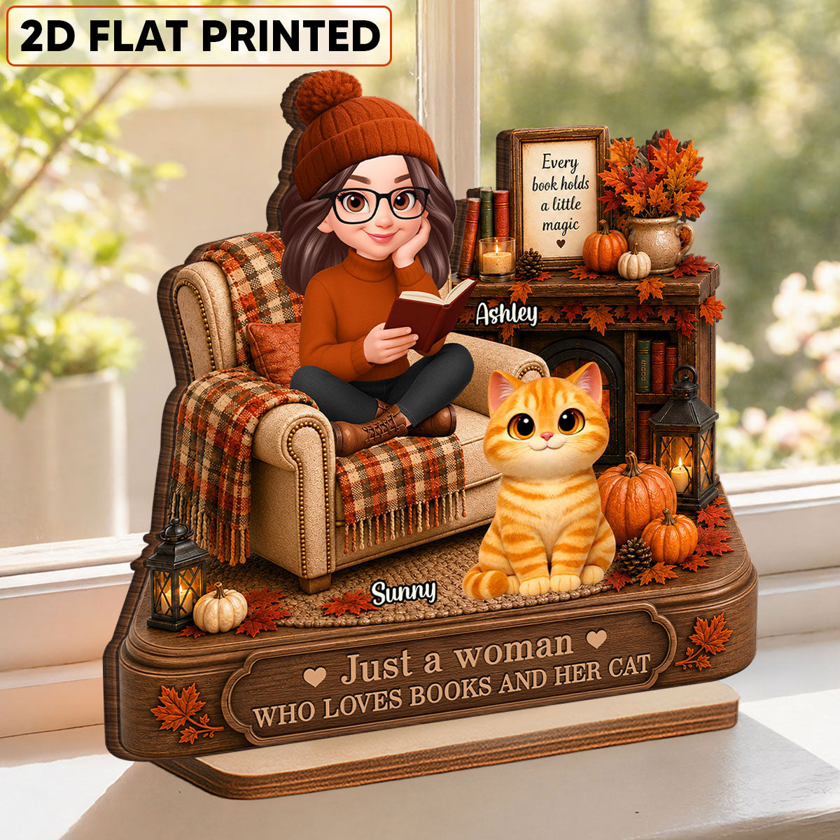 Fall Season Just A Woman Who Loves Books And Cats - Personalized 2-Layered Wooden Plaque - Fall Gift For Book Lovers