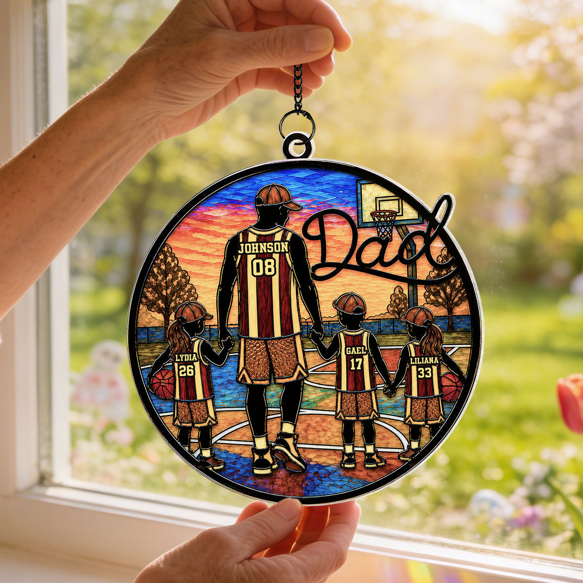 Basketball Dad & Kids 2D Flat - Personalized Suncatcher Ornament - Father's Day Gift For Basketball Dad