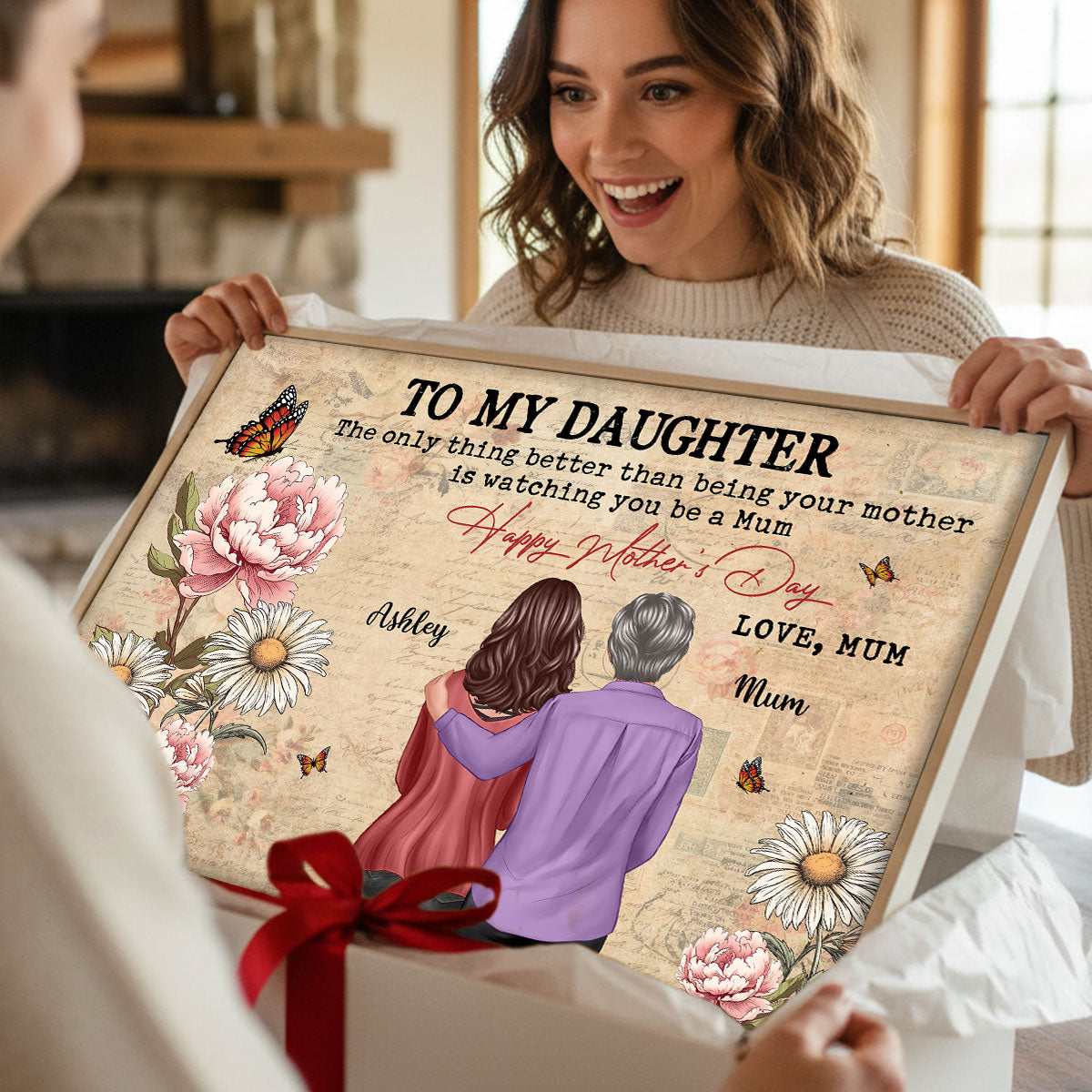 To My Daughter From Mum Vintage Floral Newspaper Birth Month Flower - Personalised Poster - UK Mother's Day