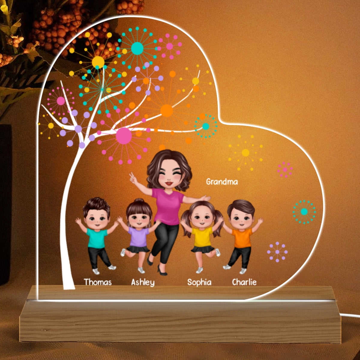 Happy Doll Grandma Kids Colorful Dot Tree Personalized Warm Acrylic Custom Shape LED Night Light
