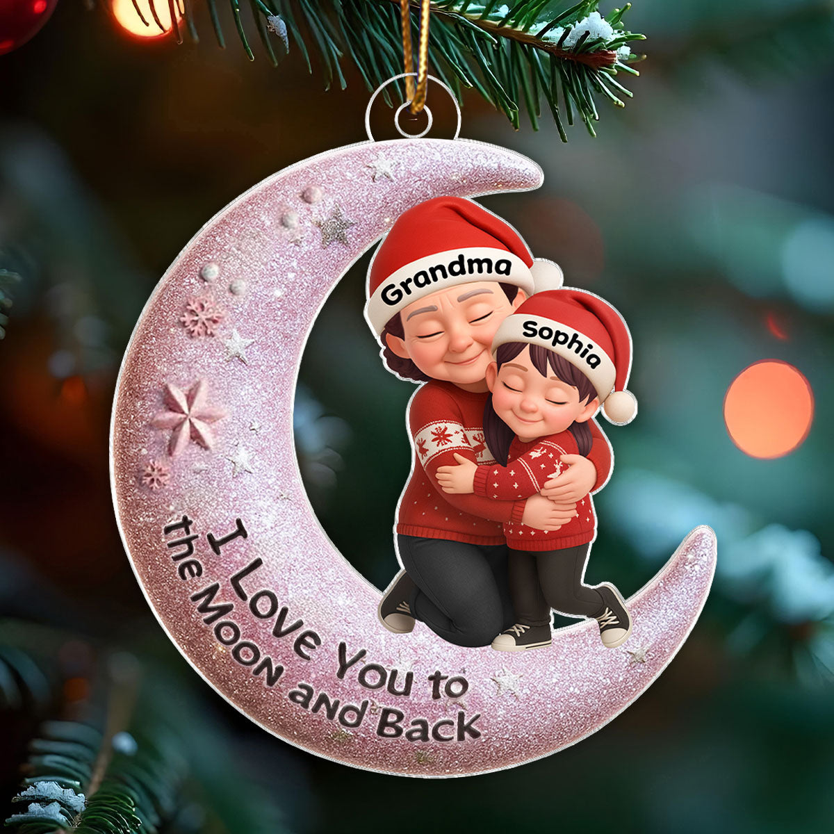 Grandma Hugging Grandkid on Moon - Personalized Acrylic Ornament - Christmas Gift for Grandma, Grandkids