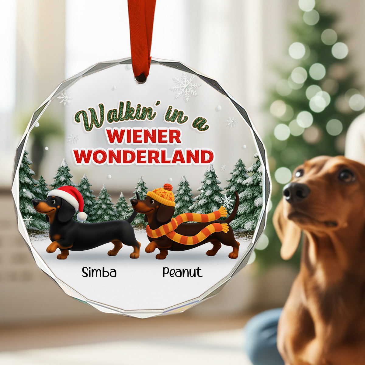 Christmas Dachshunds Walking In A Wiener Wonderland - Personalized Glass Ornament