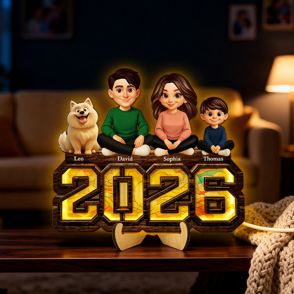 3D Effect Family And Dog Cat - Personalized Wooden Frame With LED - Heartfelt Gift For Mom, Dad