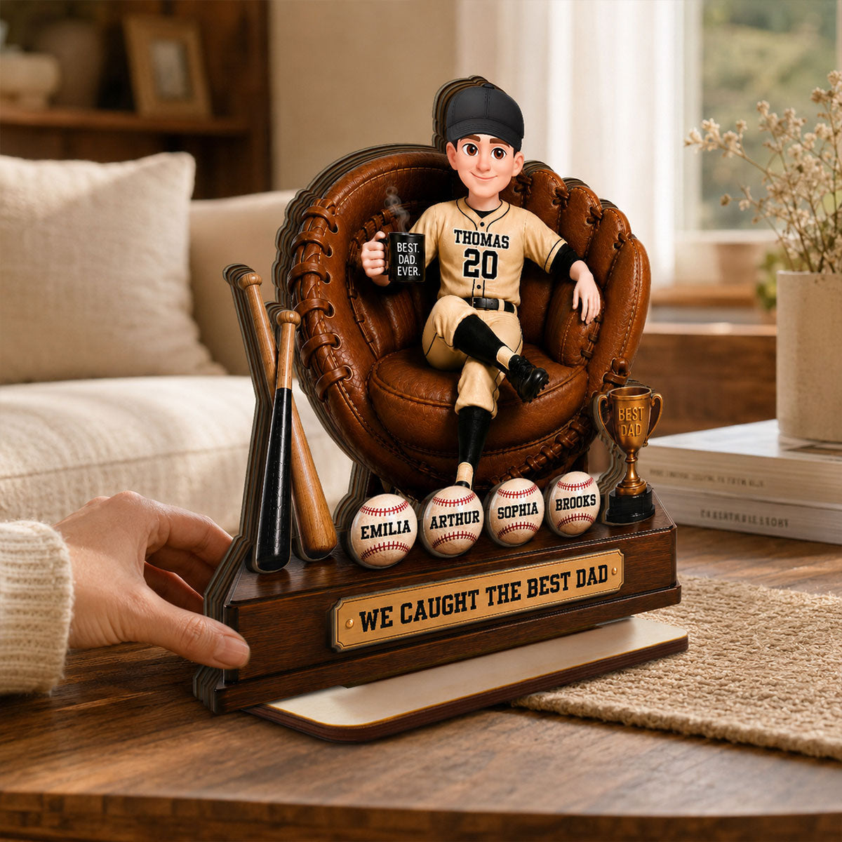 Baseball Dad Sitting On Glove With Kids Names 2D Flat - Personalized Wooden Plaque
