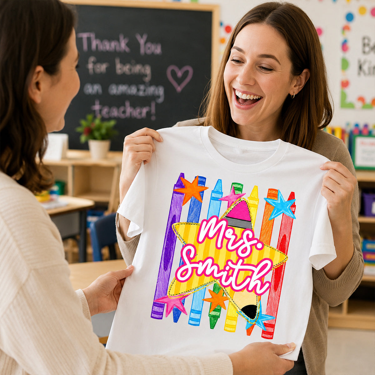 Striped Custom Teacher Name Pencil Crayons - Personalized Shirt - Back To School Gift for Teachers