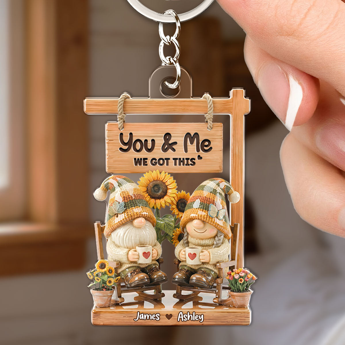 3D Effect Gnome Couple Sitting On Rocking Chair - Personalized Acrylic Keychain - Anniversary, Valentine's Day Gift For Him, Gift For Her