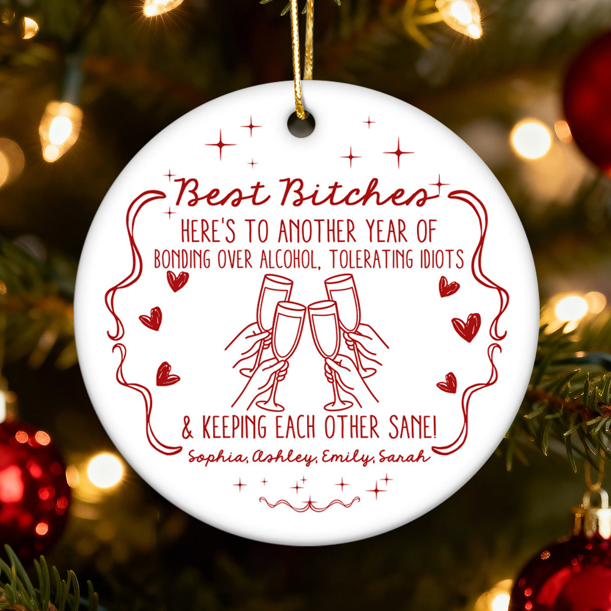 Christmas Red Tone Funny Besties - Personalized Ceramic Ornament - Gift For Best Friends