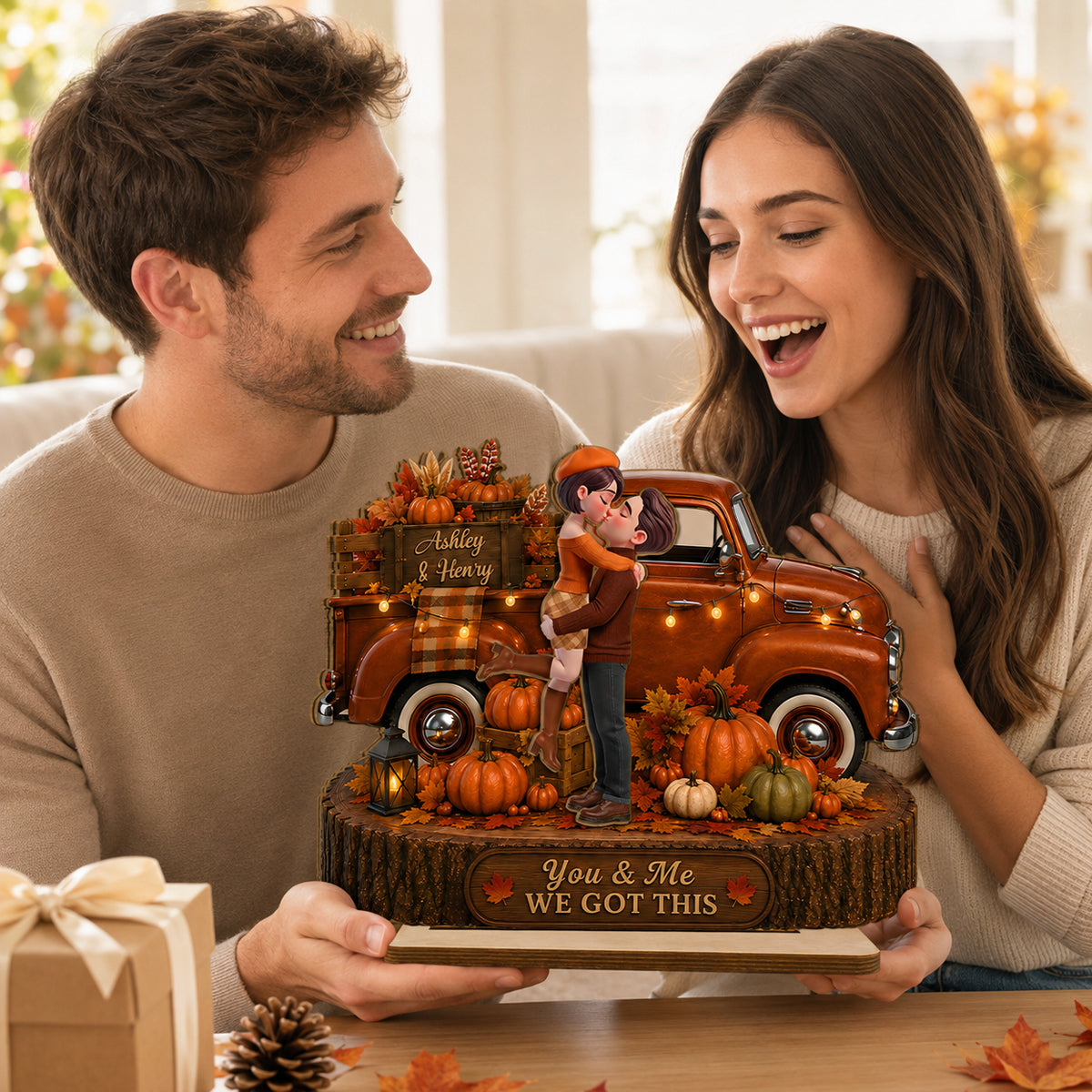 Fall Season Couple Pickup Truck - Personalized 2-Layered Wooden Plaque - Fall Season Decor Gift, Gift For Couple