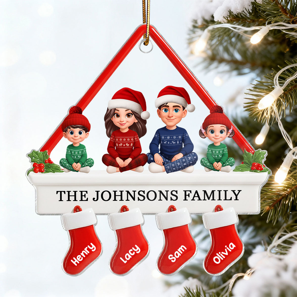 3D Effect Family Sitting On Christmas Mantel - Personalized Acrylic Ornament
