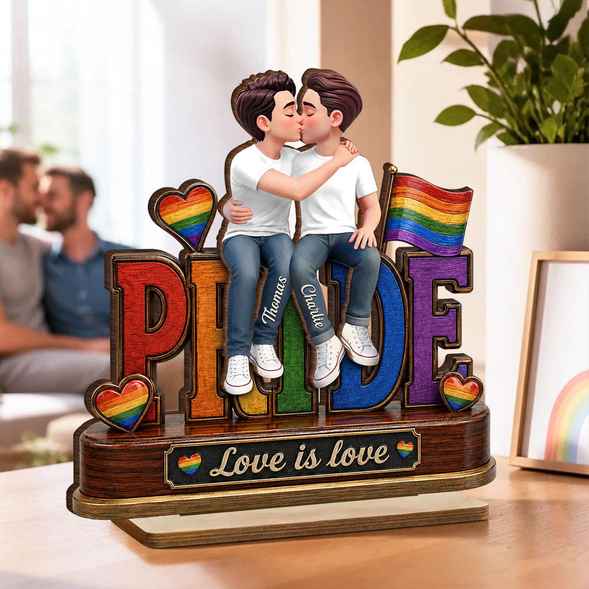LGBT Couple Pride Love is Love - Personalized 2-Layered Wooden Plaque - Heartfelt Gift for Her, Gift for Him