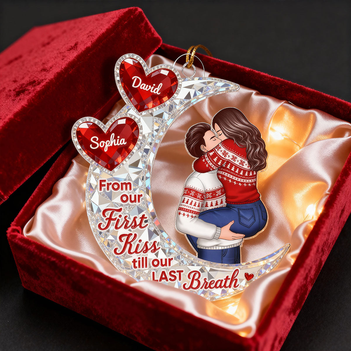 3D Effect Flat Moon Couple Hugging Kissing - Personalized Acrylic Ornament - Gift For Couple, Gift For Him, For Her