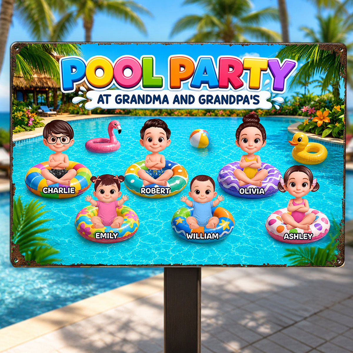 Pool Party At Grandpa Grandma's - Personalized Metal Sign - Gift For Grandparents, Summer Poolside Decoration