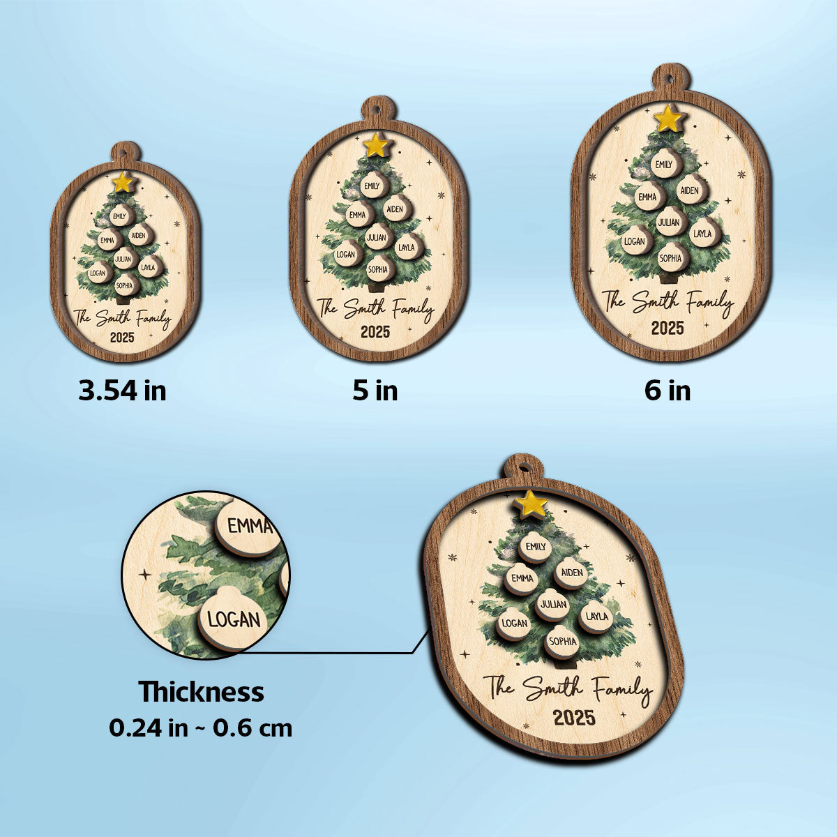 Rustic Watercolor Christmas Tree Family Names - Personalized 2-Layered Wooden Ornament