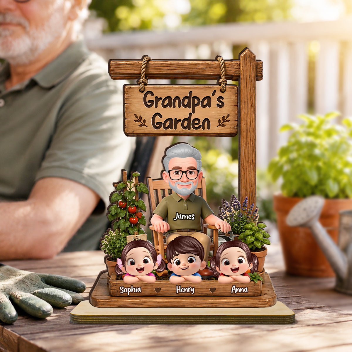 Grandpa's Garden - Personalized 2-Layered Wooden Plaque -  Gift for Dad, Husband