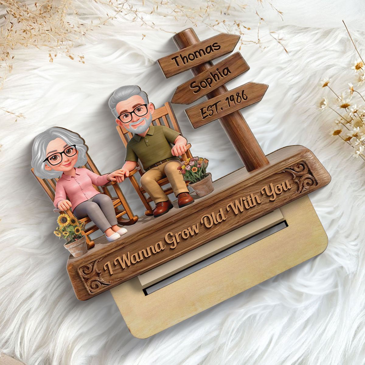 Old Couple Sitting On Rocking Chair By Sign Post 2D Flat - Personalized 2-Layered Wooden Plaque