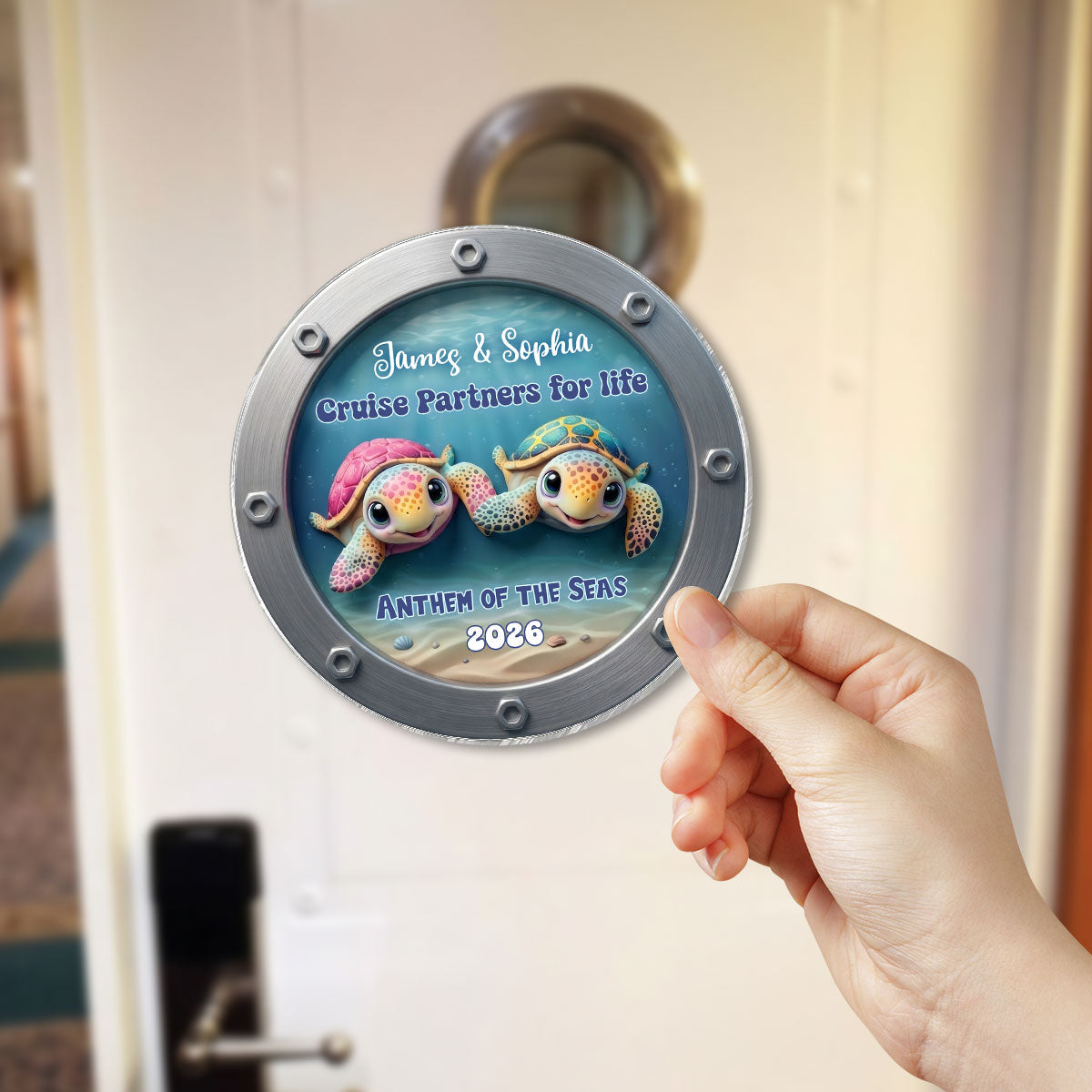 Happy Sailing Turtle Couple 2D Flat - Personalized Cruise Ship Door Magnet - Cruise Trip Decoration