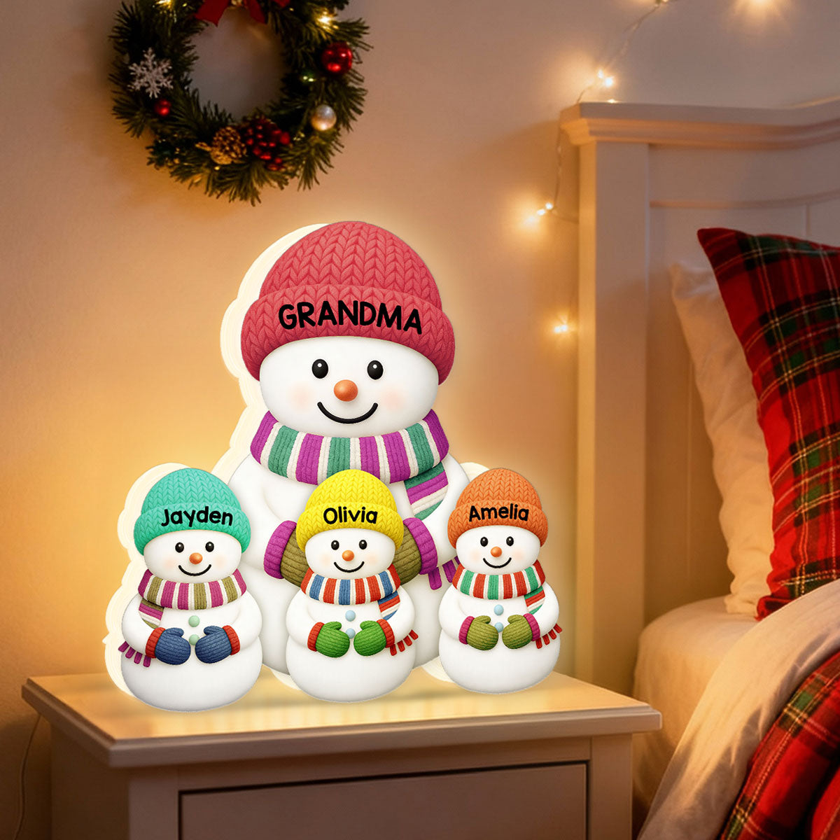 Heartwarming Christmas Grandma Grandpa Grandkids Snowman Together - Personalized Light Box