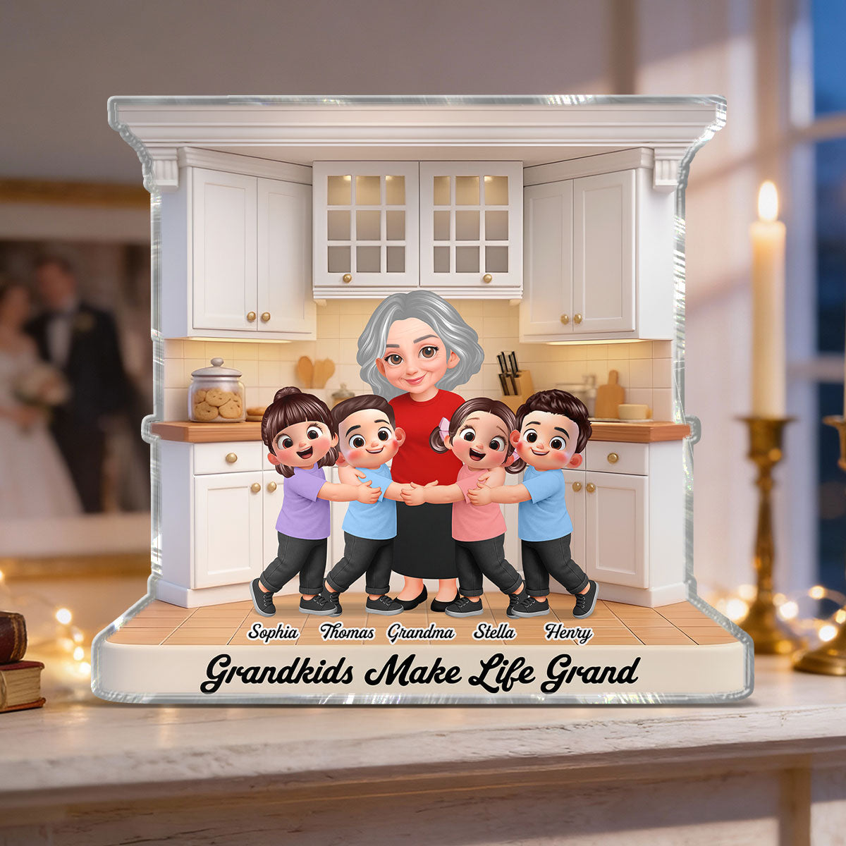 Grandma And Grandkids Happy Together In The Kitchen - Personalized Acrylic Block Plaque - Gift For Grandma