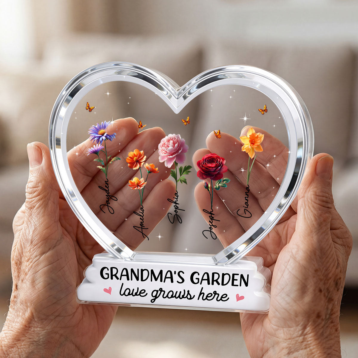 Grandma's Garden Birth Month Flowers In Heart 2D Flat - Personalized Acrylic Block Plaque - Gift For Grandma