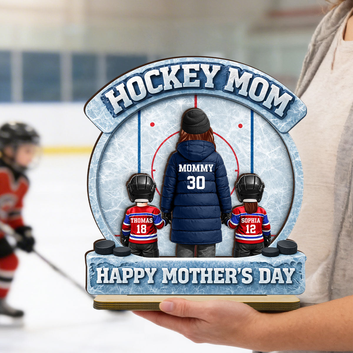 Hockey Mom Back View And Kids - Personalized 2-Layered Wooden Plaque - Mother's Day Gift For Hockey Mom