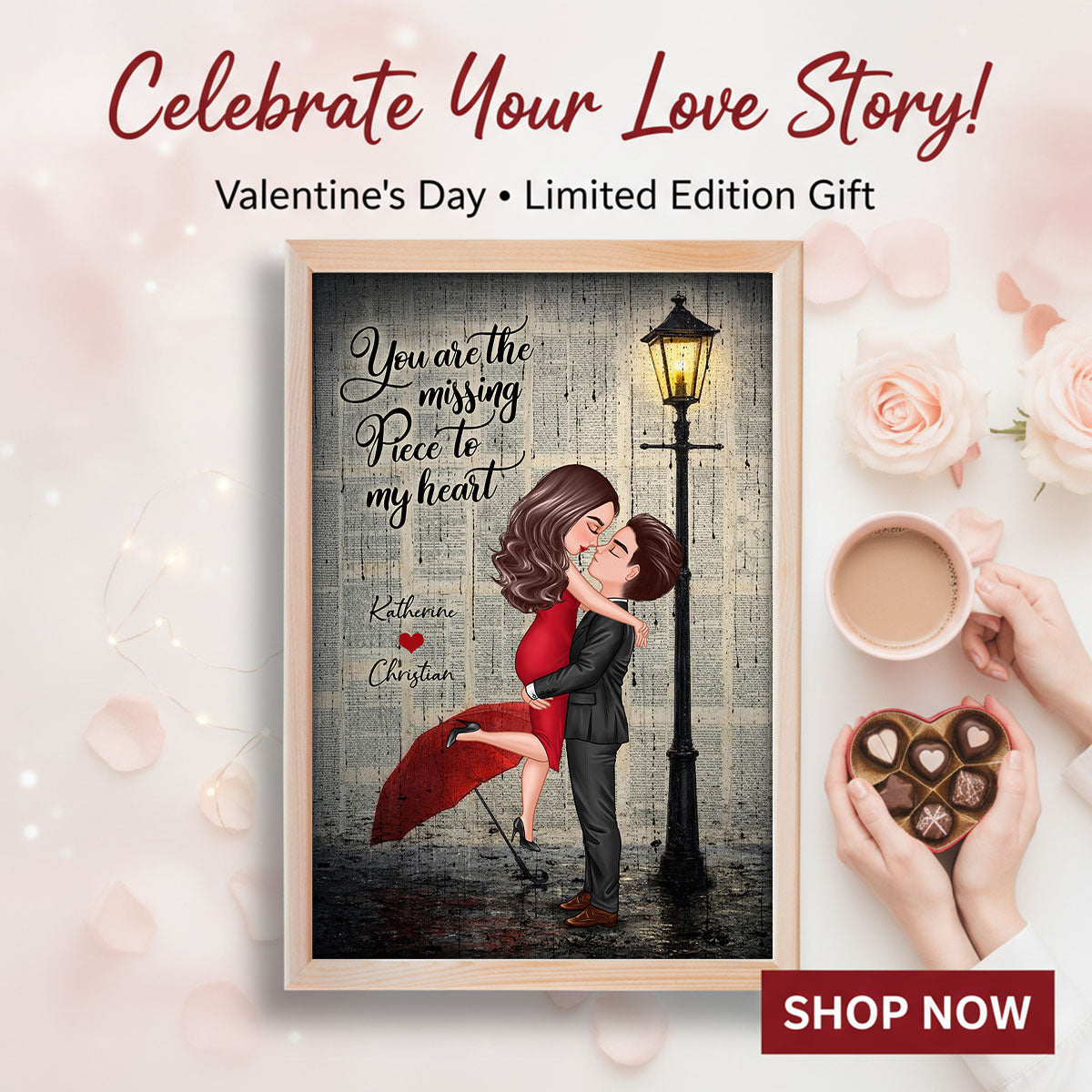 Vintage Newspaper Couple Hugging Kissing Under Lamp Post - Personalized Poster