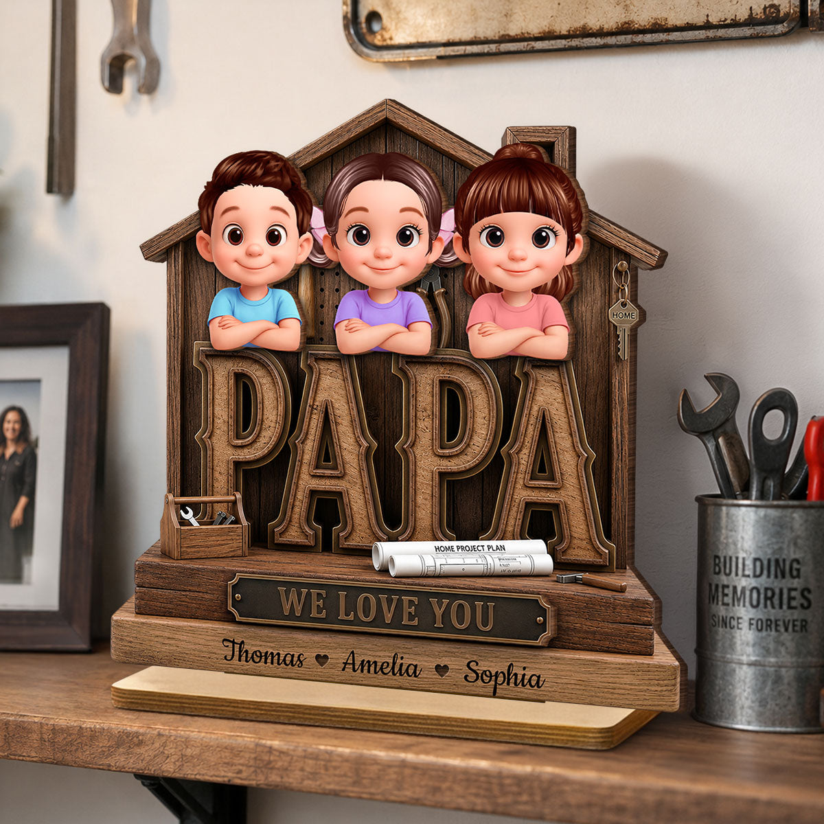 Papa Home Tools We Love You - Personalized 2-Layered Wooden Plaque -  Gift for Grandpa, Dad