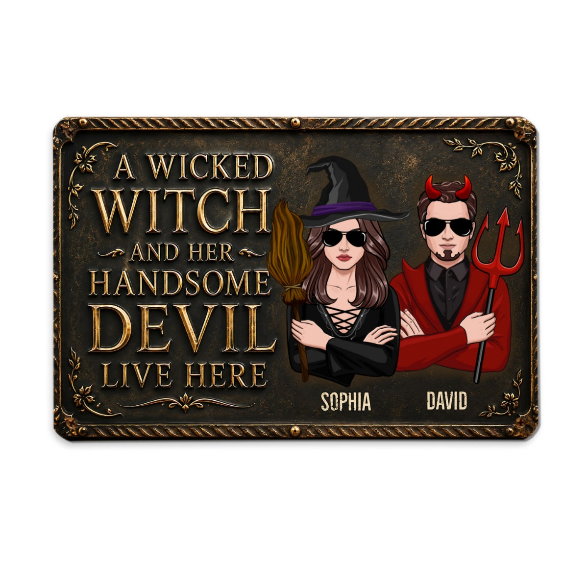 A Wicked Witch and Her Handsome Devil Live Here - Personalized Metal Sign - Halloween Decor for Couples