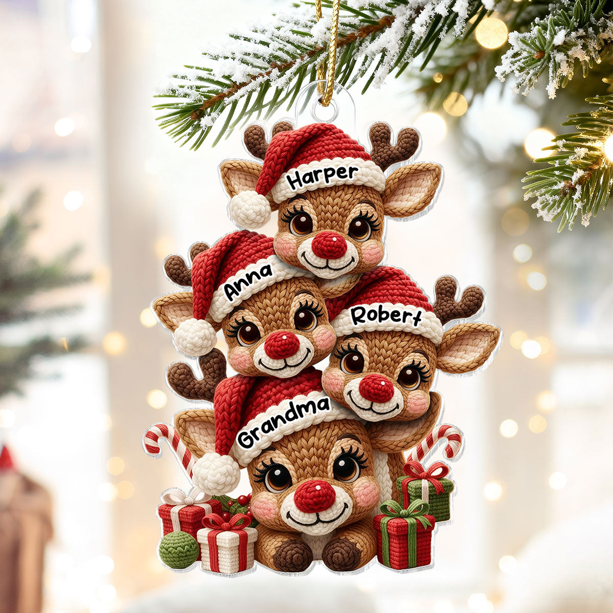 3D Effect Faux Yarn Grandma & Grandkids Reindeer Christmas - Personalized Acrylic Ornament - Gift for Grandma, Grandkids