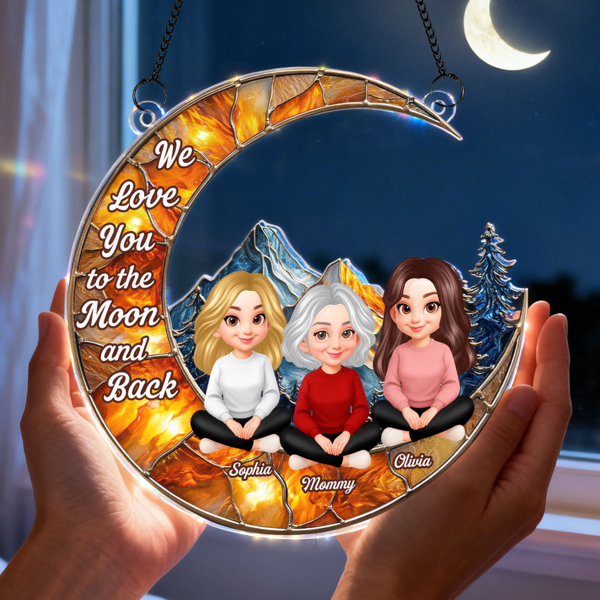 Mother Daughter Son Sitting on Moon - Personalized Suncatcher Ornament - Heartfelt Mother's Day Gift for Mom, Wife