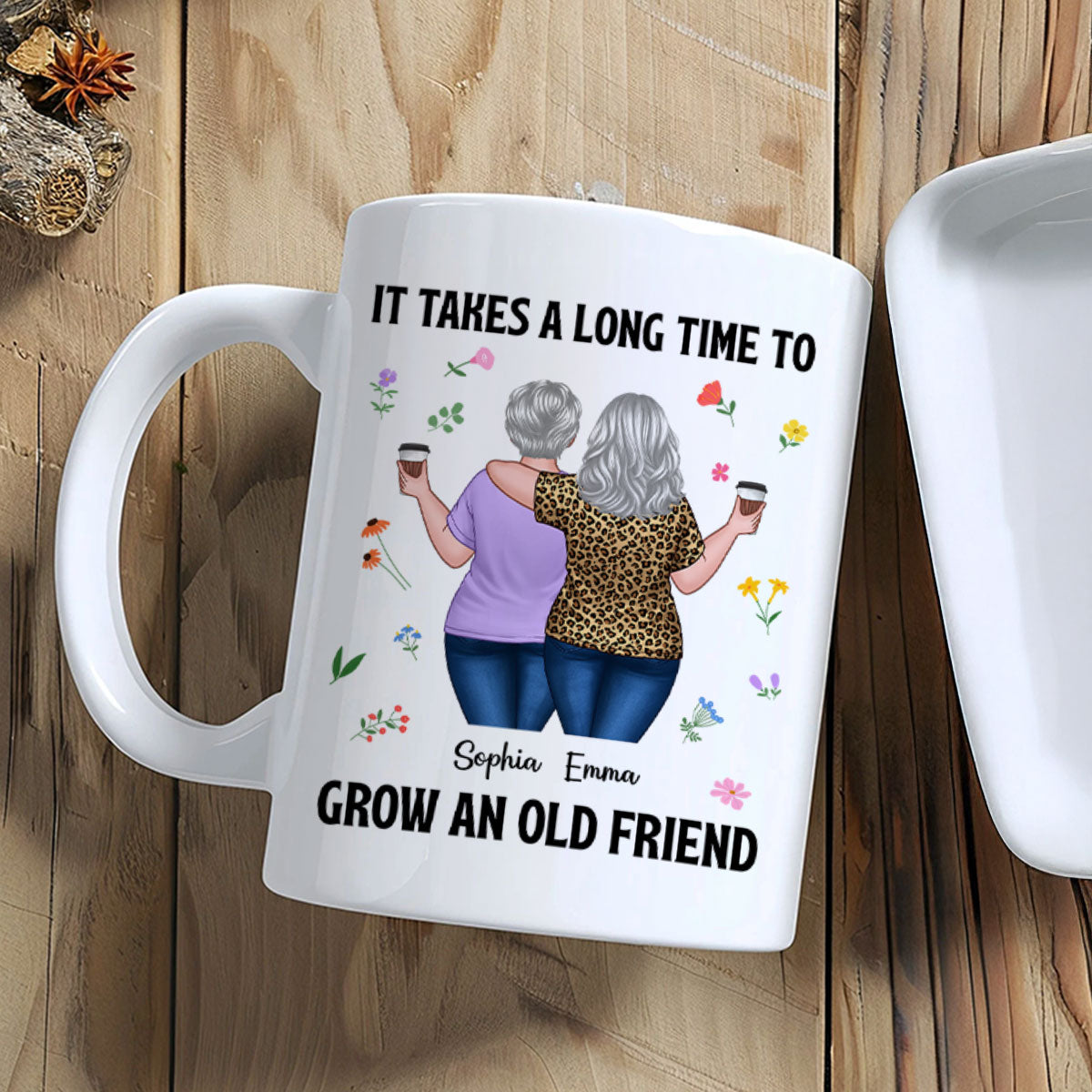 Back View Besties Walking It Takes A Long Time To Grow An Old Friend Floral Personalized Mug, Gift For Best Friends, BFF