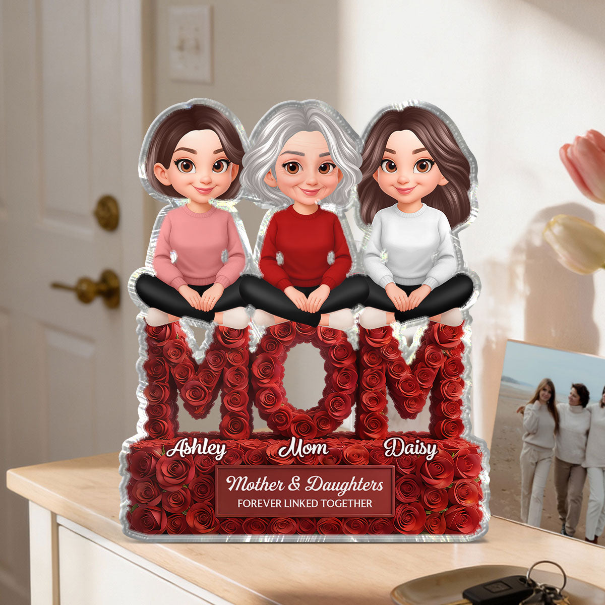 Roses MOM And Daughters Sons - Personalized Acrylic Block Plaque - Gift For Mom