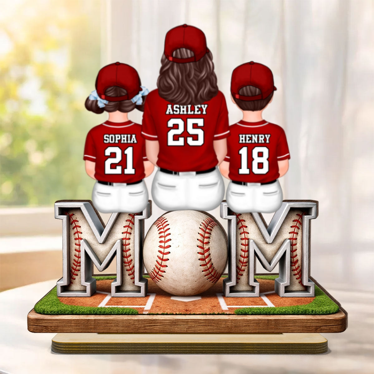 Baseball Mom And Kids Sitting - Personalized 2-Layered Wooden Plaque - Gift For Baseball Mom