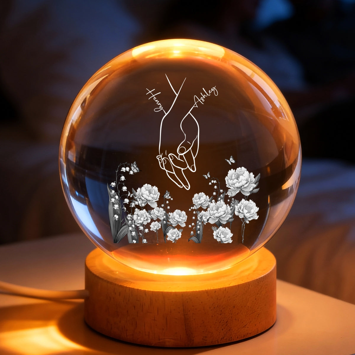I Love You Couple Hand Print Birth Flower - Personalized Crystal Ball LED Night Light - Sentimental Gift for him, for her