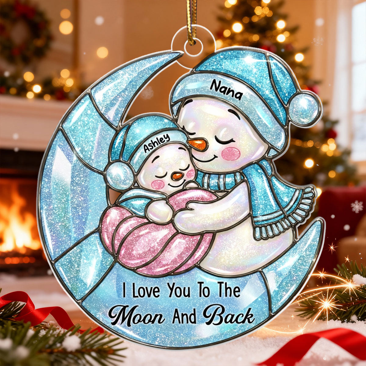 Grandma And Grandkid Moon Stained Glass Pattern - Personalized Acrylic Ornament - Heartwarming Christmas Gift For Grandma, Granddaughter, Grandson