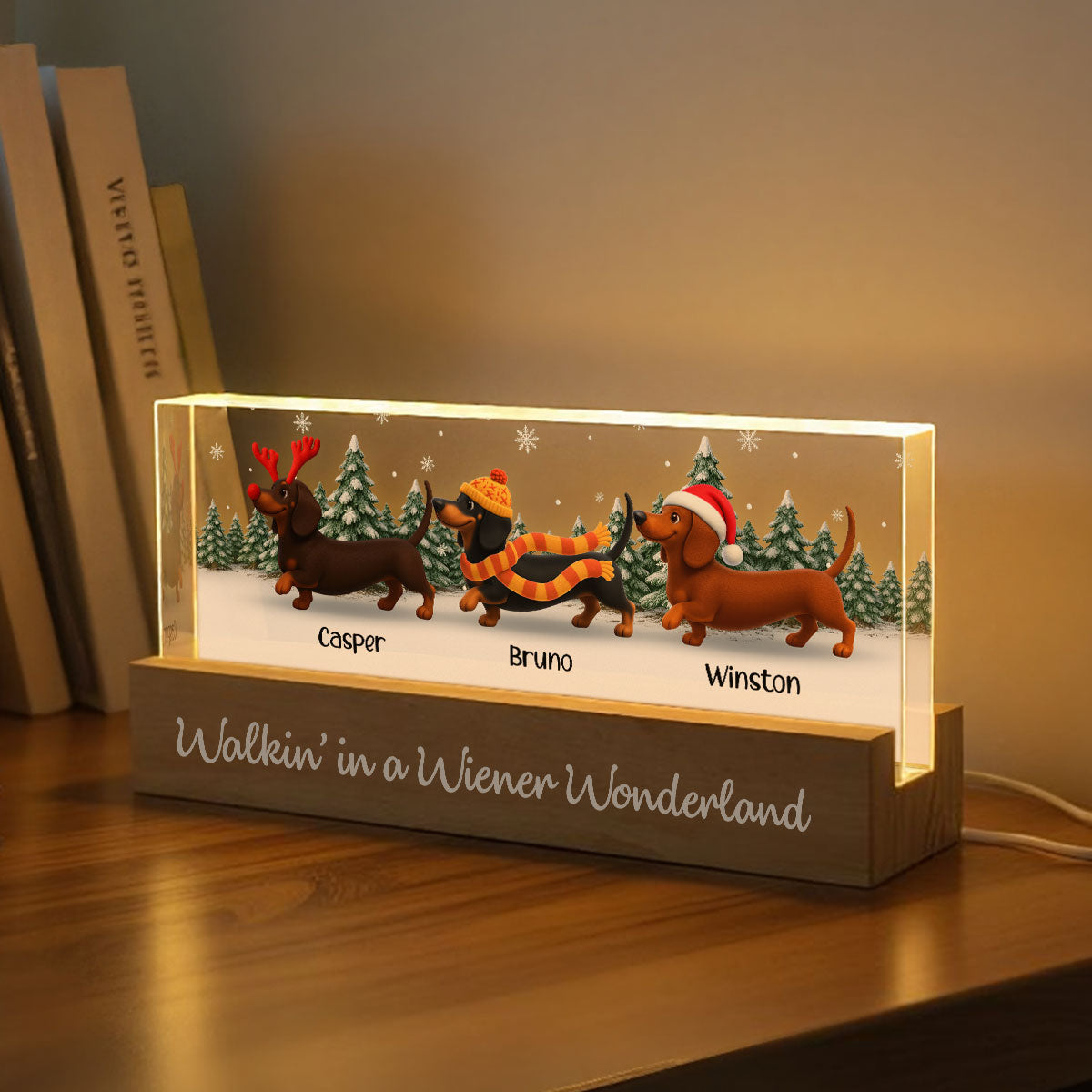 Christmas Dachshunds Walking In A Wiener Wonderland - Personalized Acrylic Block Plaque LED Night Light
