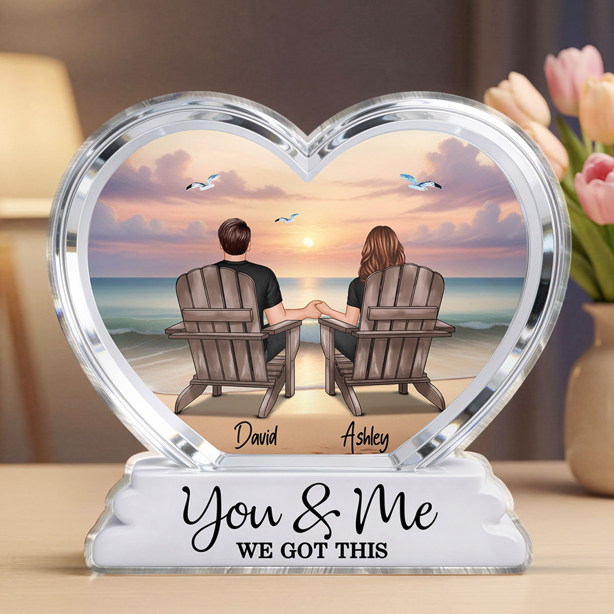 Couple Sitting Back View Beach Landscape 2D Flat - Personalized Acrylic Block Plaque - Anniversary, Birthday Gift For Him, Gift For Her