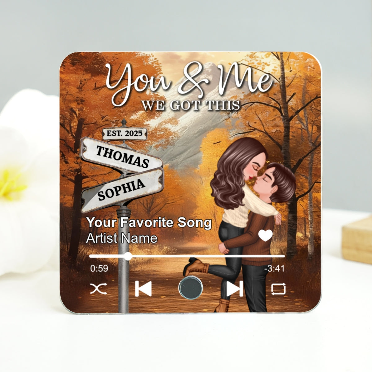 Couple Kissing Crossroads Street Sign Nostalgia Fall Theme - Personalized Music Fridge Magnet - Anniversary, Valentine's Day Gift For Couple