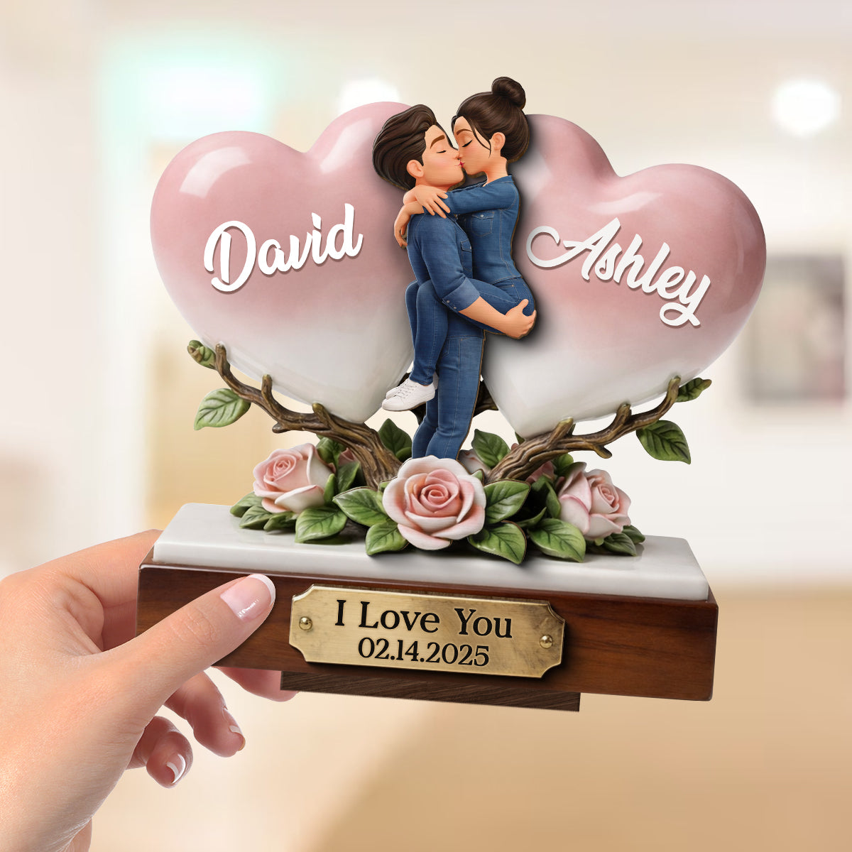 I Love You Couple Heart Rose - Personalized 2-Layered Wooden Plaque - Anniversary, Valentine's Day Gift, Gift For Him, Gift For Her