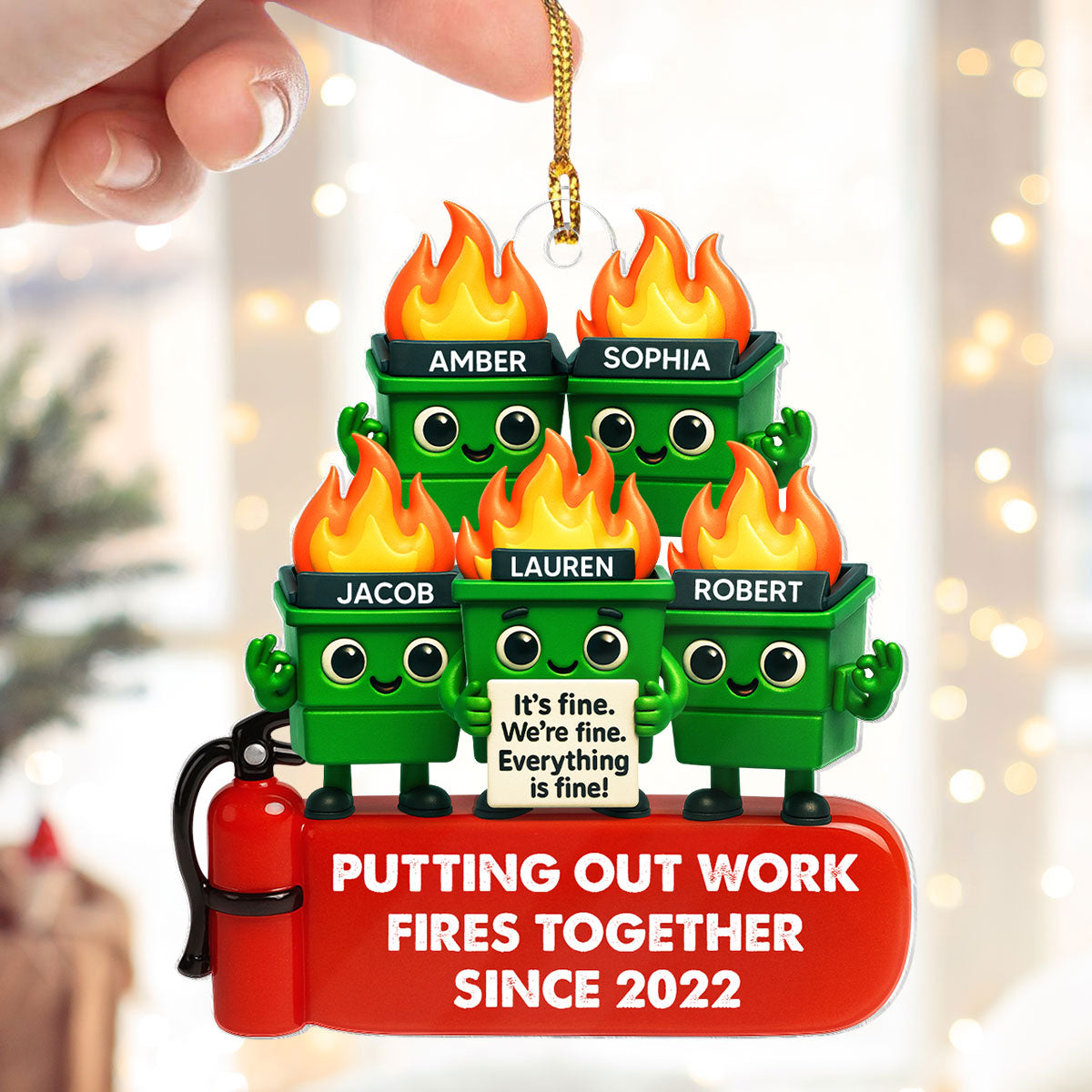 Funny Dumpster Fire Office Chaos - Personalized Acrylic Ornament - Funny Christmas Gift, White Elephant Gift for Coworkers