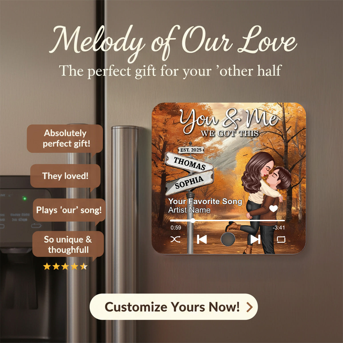 Couple Kissing Crossroads Street Sign Nostalgia Fall Theme - Personalized Music Fridge Magnet - Anniversary, Valentine's Day Gift For Couple