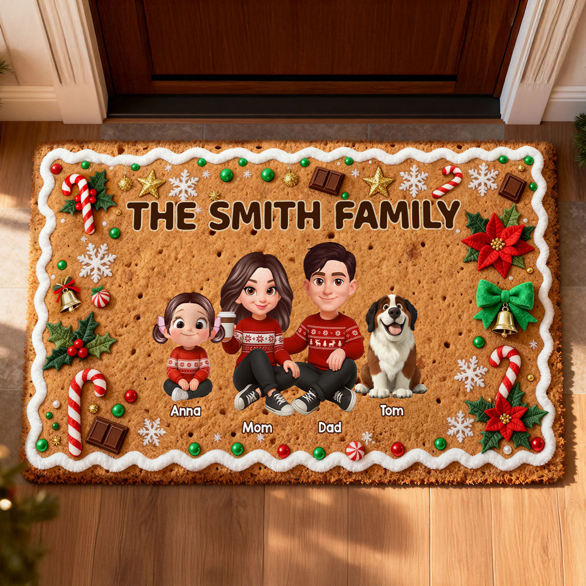 3D Effect Gingerbread Family Together Christmas - Personalized Doormat