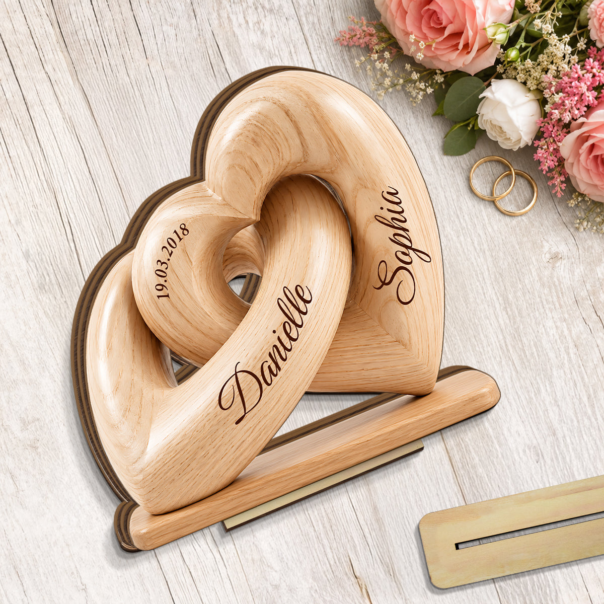 Interlocked Hearts Couple 2D Flat Plaque - Personalized 2-Layered Wooden Plaque - Gift for Him, for Her