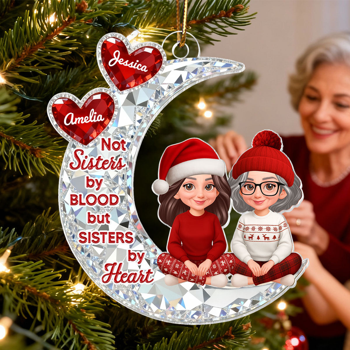 3D Shining Effect Besties Sitting On Moon - Personalized Acrylic Ornament - Gift For Best Friends, Matching Ornaments For Group Of Besties